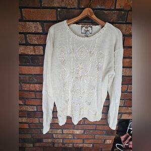 Tiara international vintage white beaded floral knitted top